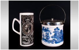 Royal Worcester Biscuit Barrel WIth Plated Lid & Handle, with a printed willow pattern design to the