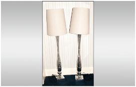 Pair Of Modern Chrome Finish Standard Lamps Of Waisted Form On Square Bases, With Contemporary