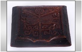 Unusual Antique Irish Bog Oak Tobacco Box, The Lid Carved With a Shamrock Device with Symbols,