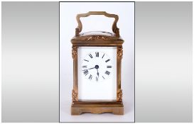 English Brass Carriage Clock With Visible Escapement. Glass panels to sides & back. White