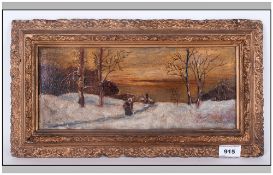 Small Oil Painting on Panel of a Winter Scene, with a Figure Walking Down a Path at Dusk, In Gilt