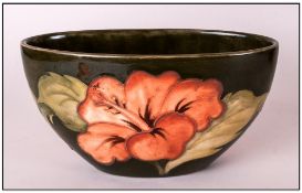 Moorcroft Flower Vase ' Coral Hibiscus ' Design on Green Ground. Label to Base Reads - Potters To