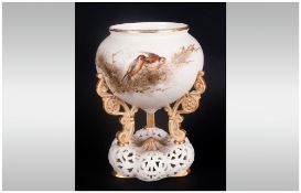 Royal China Works Worcester Hand Painted - Reticulated and Tripod Pedestal Vase. c.1880's. Birds