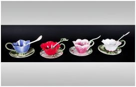 Franz - Fine Hand Painted Sculptured Porcelain Cup, Saucer and Spoon Set ( 4 ) In Total. 1/