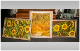 Collection Of 3 Modern Van Gogh Style Oil Paintings 2 Depicting Sunflowers, The Other A Forest