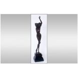 A 20th Century Contemporary Signed Bronze Figurine Raised On A Stepped Marble Base, A Standing