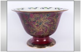 Wedgewood Fairyland Lustre Footed Bowl ' Black Elf's and Goblins ' on Ruby Red Ground. c.1920's.