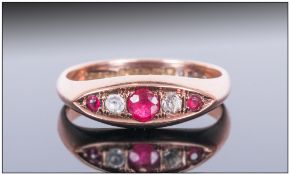 Ladies Antique 9ct Gold Ruby & Diamond 5 Stone Ring, Hallmark Birmingham 1923