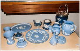 Collection Of Wedgwood Blue Jasperware, 17 pieces in total. Mostly comprising biscuit barrel, vases,