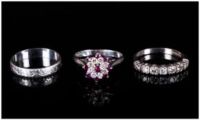 Two Ladies 18ct White Gold Diamond Rings, 7 Stone Diamond Half Eternity And A Ruby And Diamond