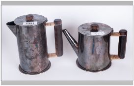 Trench Art Two Shell Cases Made Into A Coffee & Teapot, silver plated, with Macassar Wood