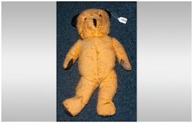 Early To Mid 20thC Straw Filled Jointed Teddy Bear, Pad Paws, Black Ears, Stitched Nose