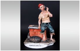 Capodimonte Early Figure ' Fish Seller ' II Primo Cliente, Signed Tyche Tosca. Height 9.5 Inches.