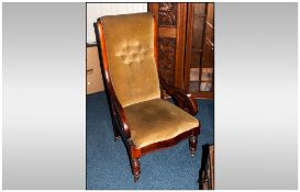 Late 19thC Mahogany Framed Low Arm Chair, Cushioned Seats And Back Rest, Open Arms, Turned Legs On