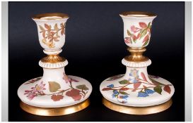 Royal Worcester Blush Ivory Pair Of Candlesticks, Floral decoration with gold leaf border. Circa