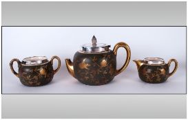 Staffordshire Silver Topped Three Piece Singles Tea Service Decorated with applied images of birds &