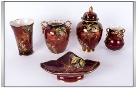 Carlton Ware Hand Painted Collection of Five Rouge Royale and Spiders Web Pattern Vases / Lidded Jar