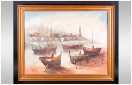 Framed Oil Painting on Canvas of Boats moored on a beach setting with a town scape in the