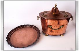 Arts and Crafts - Hammered Copper and Brass Handle Dome Covered Coal Scuttle of Oval Form, Raised on