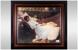 Framed Print 'The Arbor' after Sir Alfred Munnings, showing a graceful Edwardian lady reclining in a