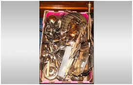 Box Of Metalware Comprising Silver Plate, Brass, Fire Irons, Water Jug, Salvers, Waiter, Flatware