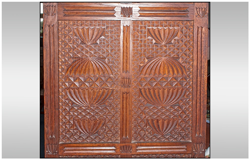 A Rare Aesthetic Movement Highly Carved Cabinet Cupboard In Oak. The top has three leaded top - Image 2 of 8