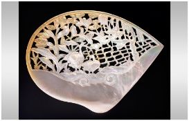 Chinese Antique Carved Mother of Pearl Shell In a Fan Shape, Carved with Geese Amongst Foliage and