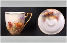 Royal Worcester Hand Painted Miniature Cup and Saucer ' Highland Cattle ' Signed John Stinton. c.