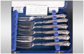 George V Boxed Set Of Six Silver Ornate & Embossed Handled Fruit Forks, Hallmark Sheffield 1922