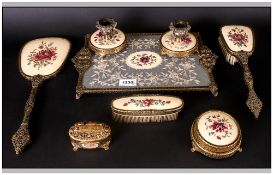 8 Piece Dressing Table Set In Gilt Metal, Consisting of a Tray, Hand Mirror, Cigarette Lighter, Pair