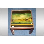 Small Mahogany Coffee Table Brass Mounted Glass Top Showing An Image Showing A View Of The Thames.