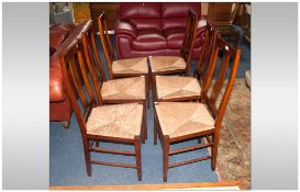 Set Of Six Beech Wood Cottage Style Dining Chairs, With Rush Seats.