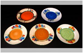 Clarice Cliff Hand Painted Collection Of Five 'Crocus' Patterned Side Plates, Dated 1929. 6.5 &