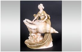 Royal Dux Late 19th Century Porcelain Figural Vase / Centre Piece ' Lady on a Shell ' Pink