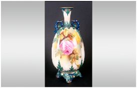 Royal Worcester Handpainted Two Handle Vase 'Roses' Yellow & Pink. Circa 1907. Signed F.J.Bray.