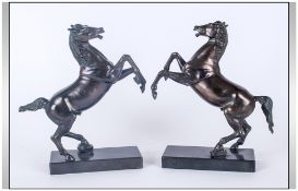 Antique - French Pair of Spelter Figures of Rearing Horses Mounted on Metal Stands. Each 10 Inches