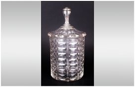 European - Early 20th Century Silver Topped Cut Glass Jar. Fully Hallmarked to Silver. Height 9