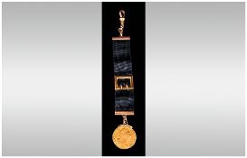 Victorian 9ct Gold and Black Grosgrain Watch Fob. Marked 9ct with Attached 22ct Gold Spade Half