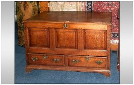 18thC Oak Mule Chest, hinged top, panelled to front and sides with two short drawers to base, raised