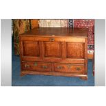 18thC Oak Mule Chest, hinged top, panelled to front and sides with two short drawers to base, raised