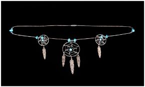 North American Navajo Style Dreamcatcher Necklace, showing three pendant dreamcatchers in silver