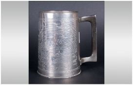 WWII Military Interest. Silver Plated Brass Tankard The Front Engraved Map Depicting Various Battles