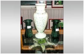 Victorian Green Milk Glass Vase, Enamelled Floral Decoration. Together With Two Small Green