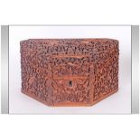 Indian Antique Colonial Triangular Shaped Carved Wooden Box Of The Finest Carving, depicting monkeys