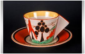 Clarice Cliff Hand Painted Conical Shaped Cup and Saucer 'Trees and Houses' design. Dte 1929. Cup