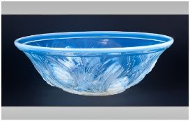 Lalique Style - 1930's Moulded Glass Art Bowl, Blue and White Colorway. Reg No.777133. c.1932-