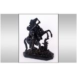 Antique Bronze Figure of a Marly Horse with a Classical Figure, of Fine Patination on Black Marble