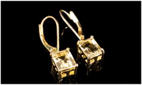 Green Gold Quartz Drop Earrings, each lever back fitting in 14ct gold vermeil and silver, holding an