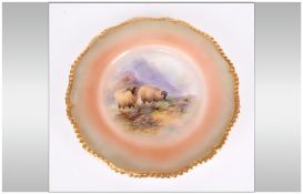 Royal Worcester Hand Painted Cabinet Plate date 1911 'Sheep in a Highland Setting'. Signed H