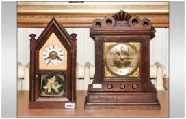 Two American Mantle Clocks comprising Bracket clock with steeple top with painted and glazed front